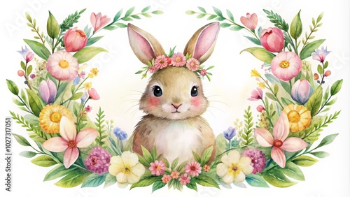 Charming bunny watercolor art surrounded by a vibrant spring floral wreath, perfect for delightful Easter cards and invitations to celebrate the joyful season! photo