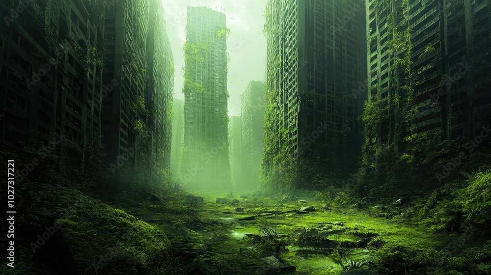 Fototapeta premium Expansive view of a minimalist dystopian metropolis, crumbling facades and overgrown plants, hints of a lost civilization beckoning