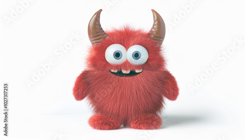 Adorable red fuzzy monster with horns smiles! A cheerful, playful 3D-rendered creature against a bright white backdrop.