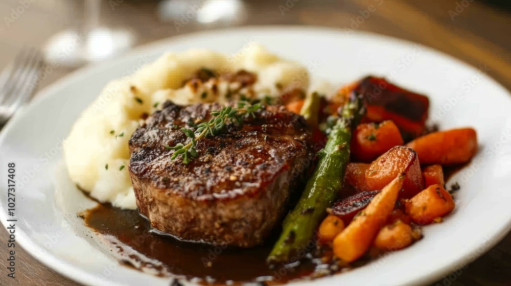 Indulge in a Gourmet Steak Dinner with Mashed Potatoes and Seasonal Vegetables Indulge in a Gourmet Steak Dinner with Mashed Potatoes and Seasonal Vegetables