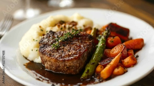 Indulge in a Gourmet Steak Dinner with Mashed Potatoes and Seasonal Vegetables