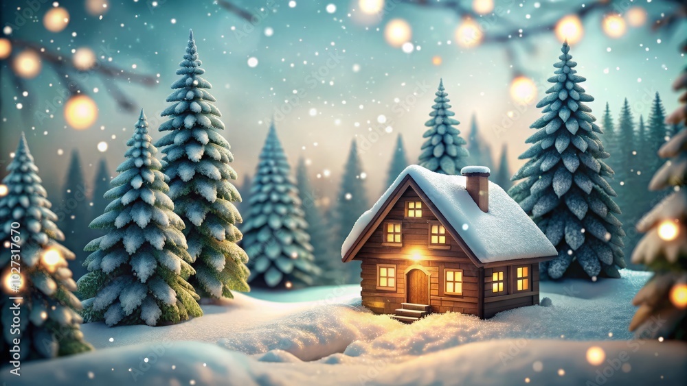 Charming snowy house nestled in a forest, enhanced with a bokeh effect for a warm, cozy holiday aesthetic perfect for seasonal decor. Charming snowy house nestled in a forest, enhanced with a bokeh effect for a warm, cozy holiday aesthetic perfect for seasonal decor.