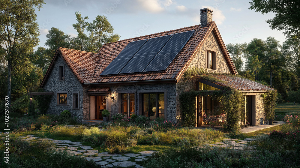 Old Stone House on COuntryside with Solar Panels on Roof Old Stone House on COuntryside with Solar Panels on Roof