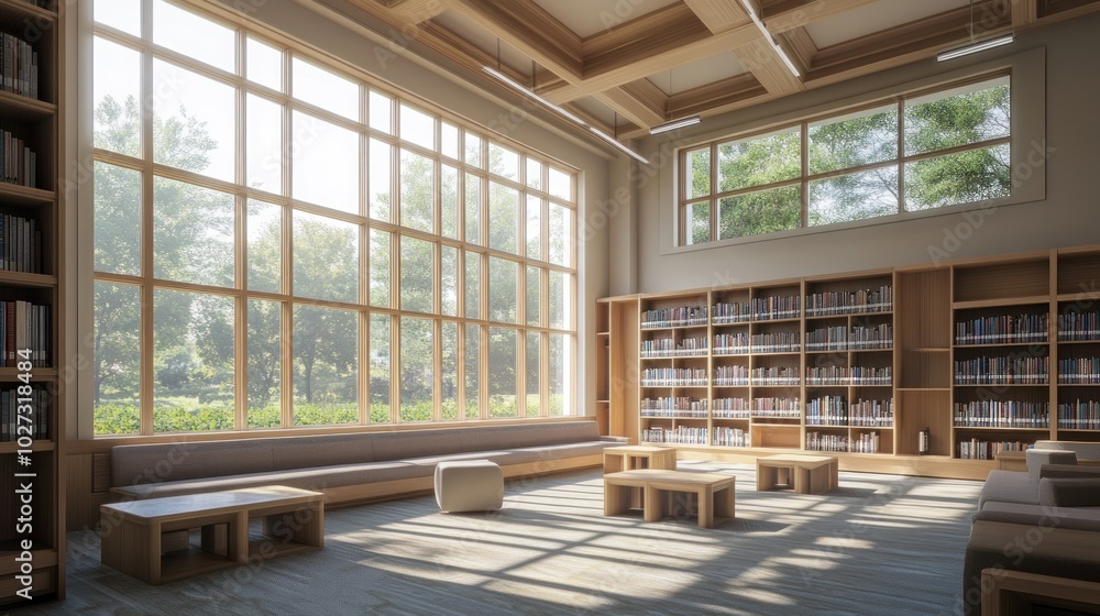 Fototapeta premium Modern Library Interior with Large Window and Bookshelves