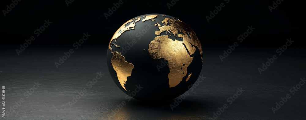 3D rendering of a black and gold globe on a dark background, with ...