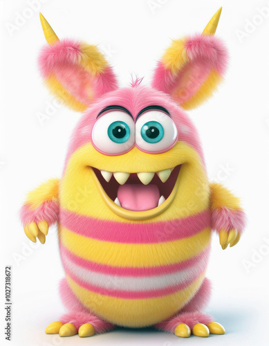 Meet the happiest fuzzy monster ever!  Striped, playful, and undeniably cute, this cheerful creature brings joy. A whimsical 3D render. photo