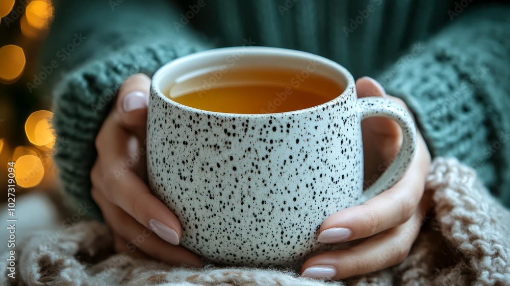 Hands in Green Knitted Sweater Holding a White Speckled Mug with Warm Tea, Soft Lights in the Background Hands in Green Knitted Sweater Holding a White Speckled Mug with Warm Tea, Soft Lights in the Background