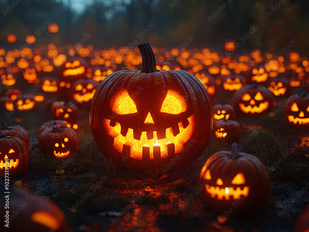 a bunch of jack-o'-lanterns, with one prominently featuring a smiling grin and a glowing pumpkin in the background. a bunch of jack-o'-lanterns, with one prominently featuring a smiling grin and a glowing pumpkin in the background.