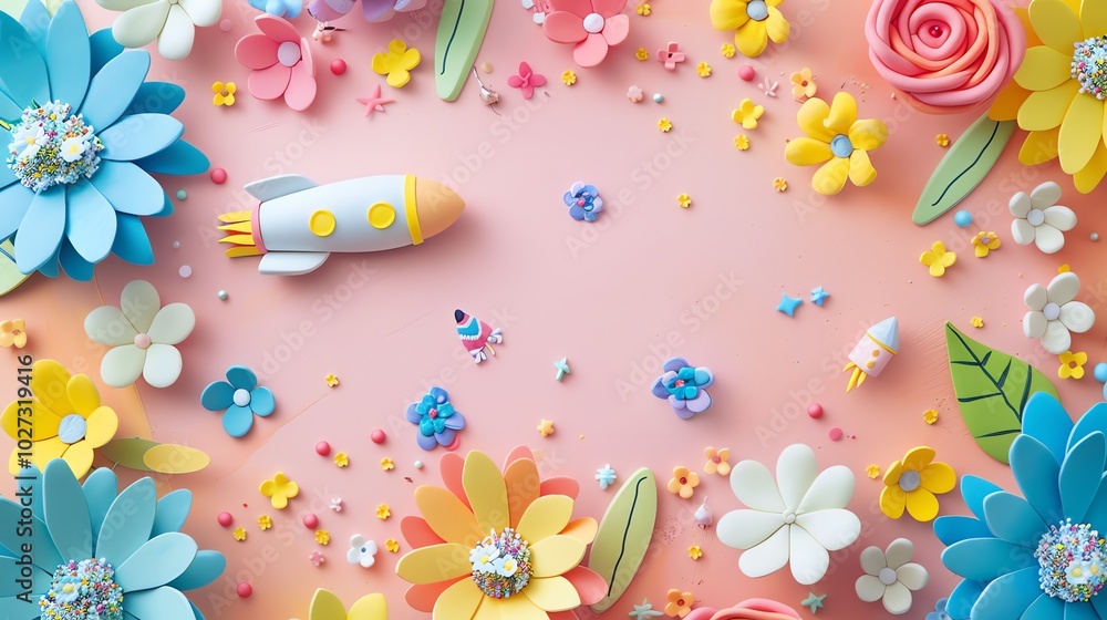 A pink background with a frame of colorful flowers and rockets. A pink background with a frame of colorful flowers and rockets.