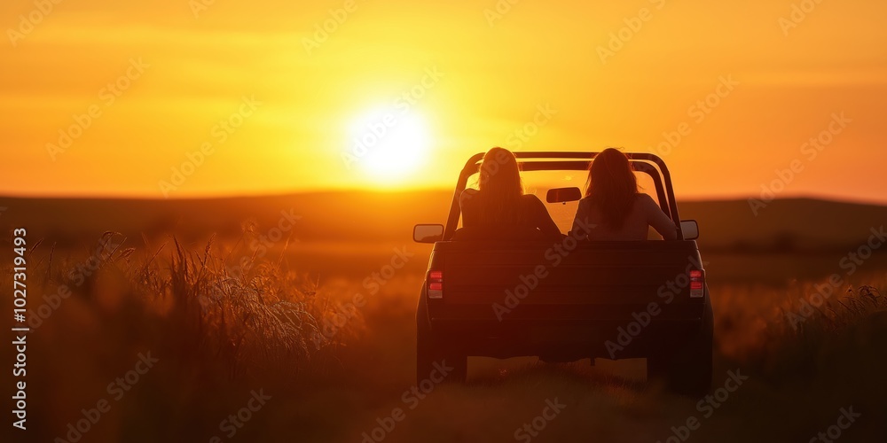 Fototapeta premium Two individuals are relaxing in the back of a pickup truck, enjoying a scenic drive through a lush landscape with a vivid sunset stretching across the horizon.
