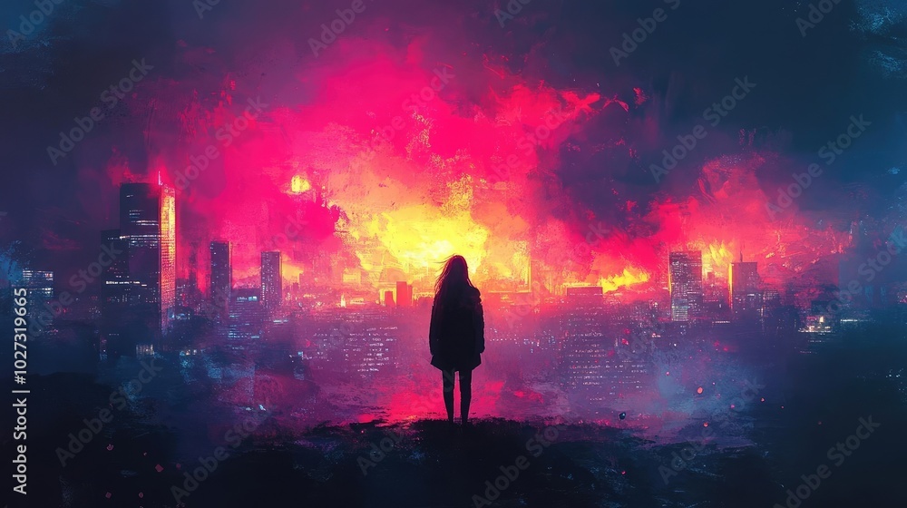 Rear view of a lone figure gazing at a dystopian city skyline, vibrant neon lights illuminating the horizon, surreal atmosphere Rear view of a lone figure gazing at a dystopian city skyline, vibrant neon lights illuminating the horizon, surreal atmosphere