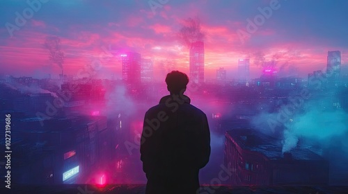 Rear view of a lone figure gazing at a dystopian city skyline, vibrant neon lights illuminating the horizon, surreal atmosphere