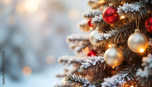 Close-up of a snow-covered Christmas tree, with beautiful ornaments, glowing lights and a wintry background. A festive christmas atmosphere.