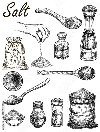 Sea salt. illustration of a hill of salt. Saltcellar and spoon salty flavor seasoning. Heaps of powder and spoon with sodium crystals. A bag of salt. Vintage engraved hand drawn sketch
