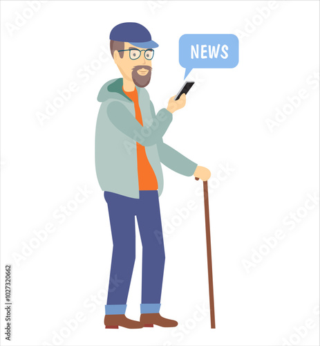 Grandfather holds a phone in his hand. Elderly man character looking on smartphone and reads the news. Senior old man using smartphone. Modern technologies