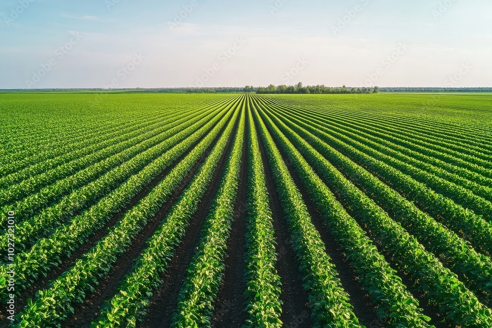 Aerial view of large green crop field with symmetrical rows under blue sky Aerial view of large green crop field with symmetrical rows under blue sky