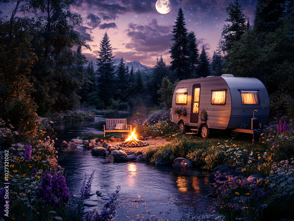 a camping scene at night with a camper van, a table, chairs, a fire, and a river. a camping scene at night with a camper van, a table, chairs, a fire, and a river.