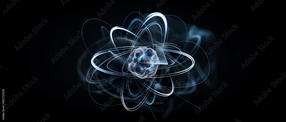 An atom with glowing electrons, futuristic wireframe style, isolated on white background An atom with glowing electrons, futuristic wireframe style, isolated on white background