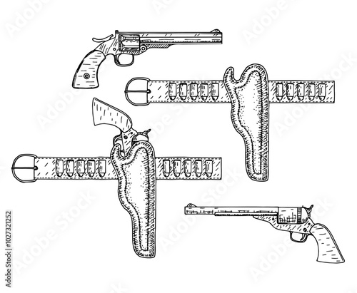 Hand drawn revolvers illustration. Drawing in a vintage retro woodcut etched or engraved style. Western revolvers. Holster, cartridge belt, pistols set vintage illustration