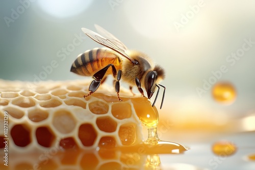 Honeybee drinking honey from honeycomb dripping with nectar photo