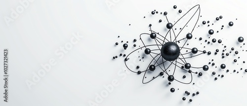 Atom with orbiting electrons, futuristic illustration, metallic hues, isolated on white background photo