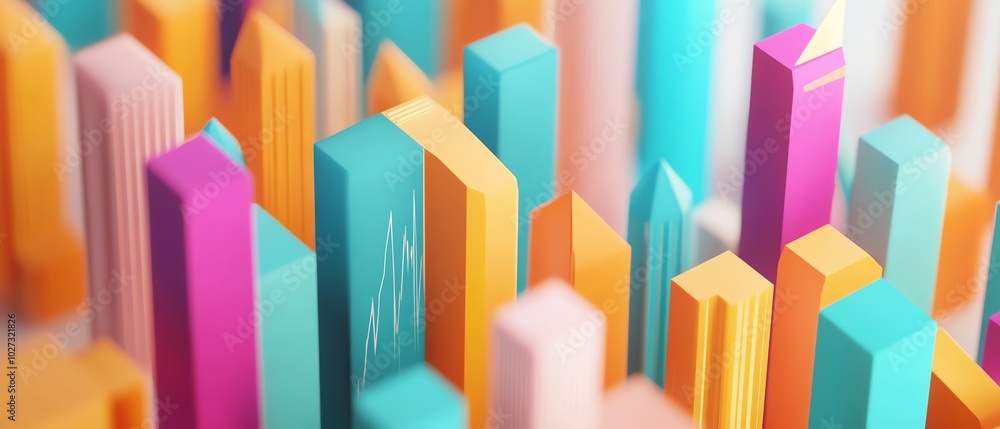 High-angle view of an urban skyline, minimalist design highlighting dynamic financial trends, vibrant colors, sleek lines High-angle view of an urban skyline, minimalist design highlighting dynamic financial trends, vibrant colors, sleek lines