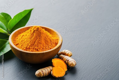 Fresh turmeric roots and turmeric powder in wooden bowl