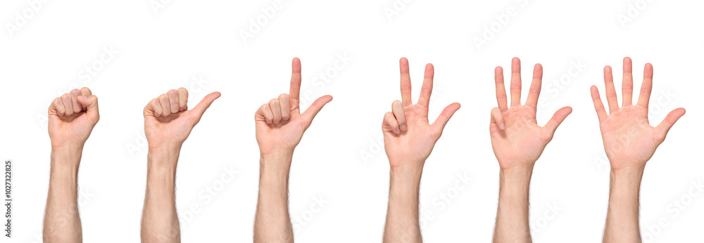 Man's hand counts from zero to five, palm facing us, isolated on transparent background, png file Man's hand counts from zero to five, palm facing us, isolated on transparent background, png file
