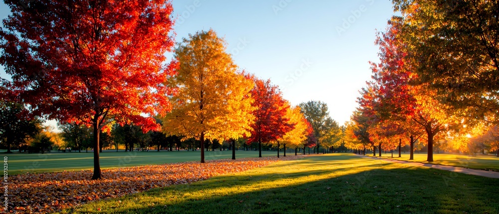 A scenic park view featuring vibrant autumn trees with red, orange, and yellow foliage illuminated by soft sunlight. A scenic park view featuring vibrant autumn trees with red, orange, and yellow foliage illuminated by soft sunlight.