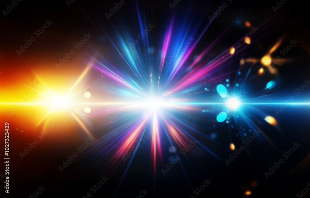 Naklejka premium Abstract light rays in vibrant colors converge in the center on a black background.