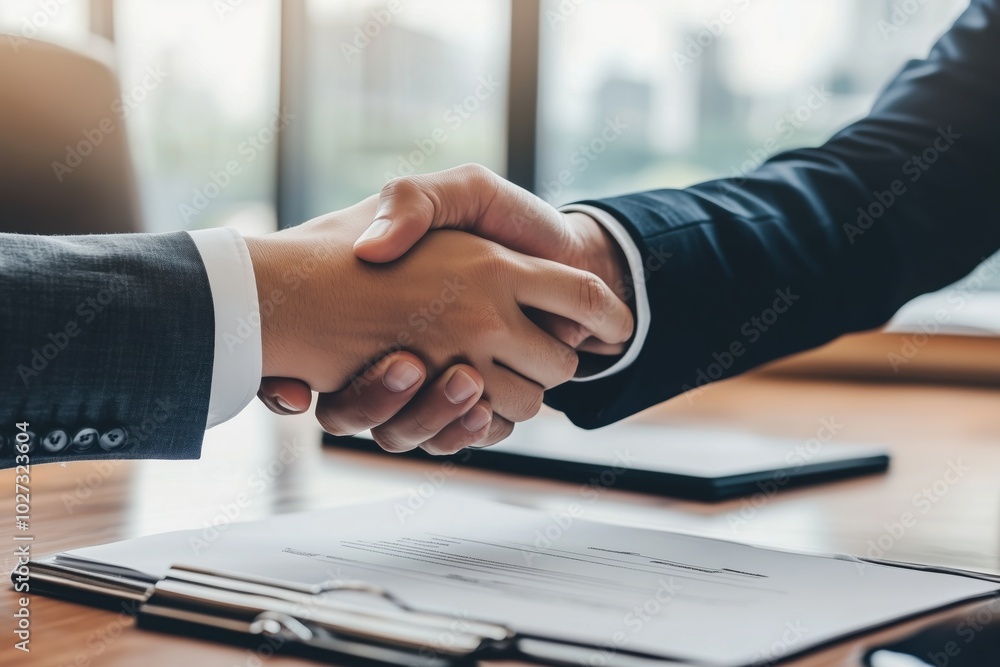 The real estate agent shakes hands with the buyer The real estate agent shakes hands with the buyer