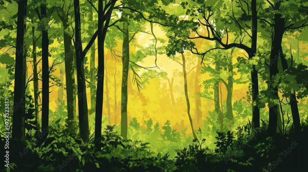Lush Green Forest with Sunlit Canopy and Silhouetted Trees Lush Green Forest with Sunlit Canopy and Silhouetted Trees