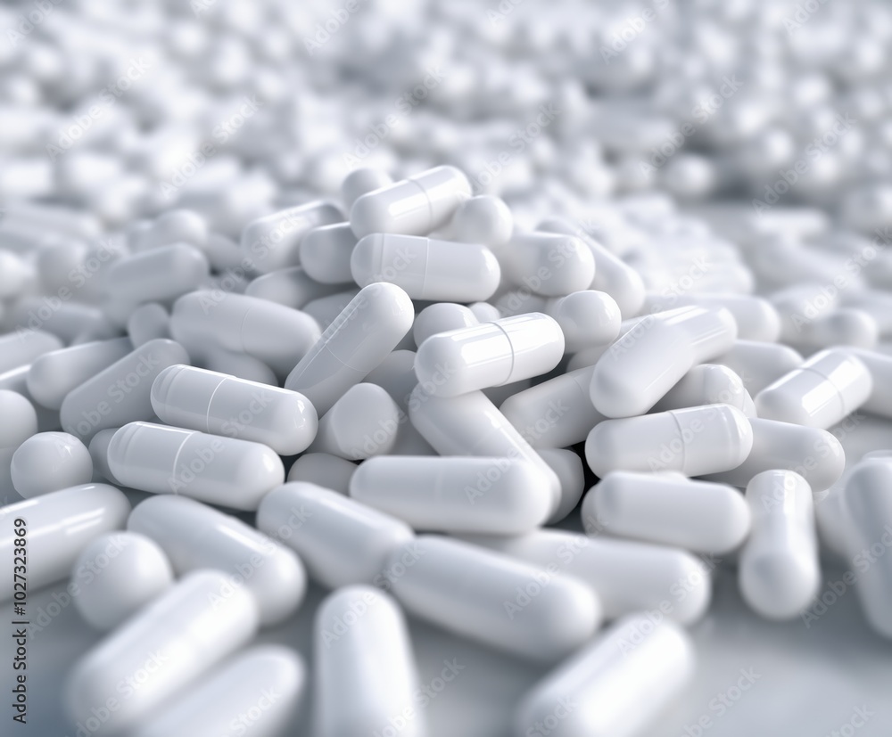 Close-up of numerous white capsules piled on a surface, symbolizing healthcare, pharmaceuticals, and medicine supply. Close-up of numerous white capsules piled on a surface, symbolizing healthcare, pharmaceuticals, and medicine supply.