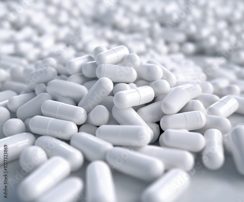 Close-up of numerous white capsules piled on a surface, symbolizing healthcare, pharmaceuticals, and medicine supply. photo