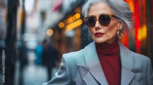 Elegant elderly woman with silver hair, dressed in a chic modern outfit, walking confidently through a vibrant city street, wearing stylish sunglasses