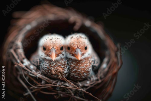 Two young birds nestled together in a cozy nest during early morning light photo