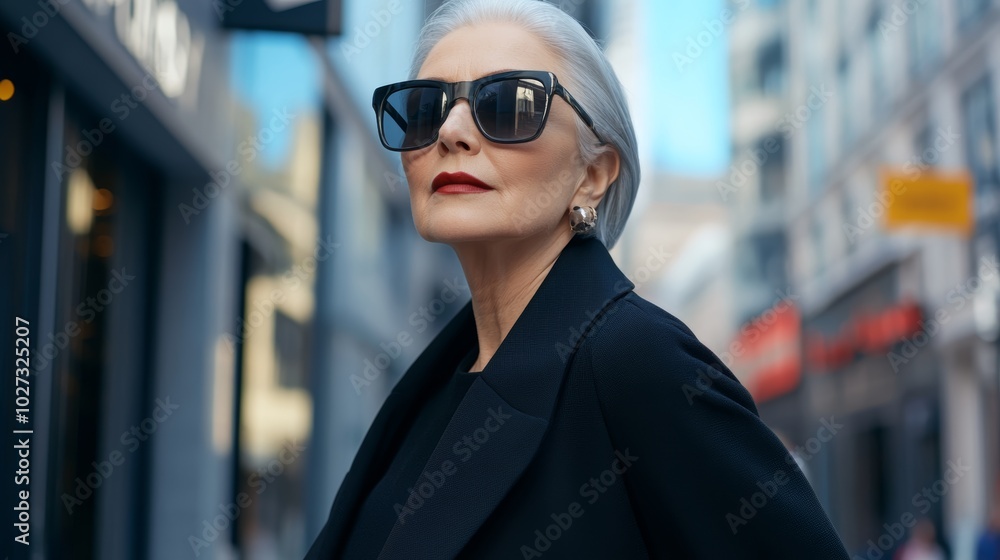 Elegant elderly woman with silver hair, dressed in a chic modern outfit, walking confidently through a vibrant city street, wearing stylish sunglasses Elegant elderly woman with silver hair, dressed in a chic modern outfit, walking confidently through a vibrant city street, wearing stylish sunglasses
