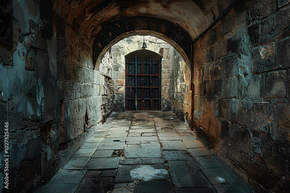 An archway leading to a door in a stone building An archway leading to a door in a stone building