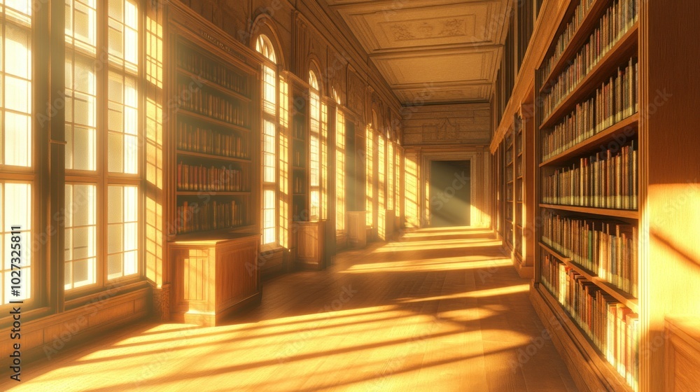 Sunbeams Streaming Through Windows in a Grand Library Hallway Sunbeams Streaming Through Windows in a Grand Library Hallway