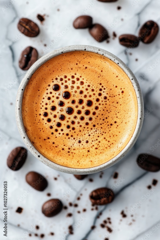 A warm cup of espresso topped with crema surrounded by coffee beans on a marble surface A warm cup of espresso topped with crema surrounded by coffee beans on a marble surface