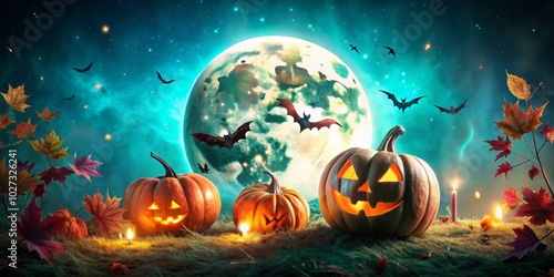 Elevate your Halloween festivities with a vibrant banner set featuring a full moon and pumpkins against turquoise and purple backgrounds. Perfect for spooky celebrations!