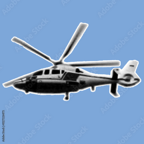 helicopter pixelate grayscale color halftone dotted texture style collage element isolated on blue background