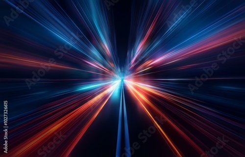 Abstract background with blue, orange, and red light streaks converging in the center.