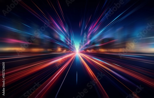 A long exposure shot of a highway at night with blurred city lights.