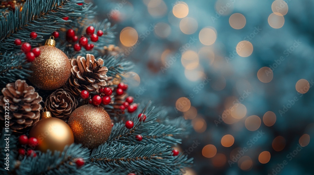 Christmas tree with red and golden baubles and lights bokeh background. Space for text. Copy space. Greeting card. Christmas tree with red and golden baubles and lights bokeh background. Space for text. Copy space. Greeting card.