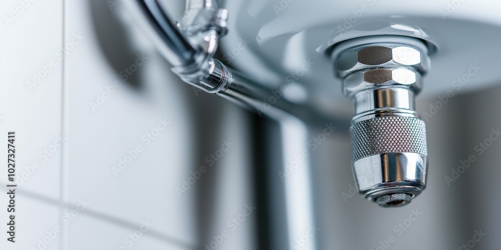 Detailed view of plumbing under a sink, highlighting the metal pipes and fittings used in domestic water systems for efficient household water management. Detailed view of plumbing under a sink, highlighting the metal pipes and fittings used in domestic water systems for efficient household water management.