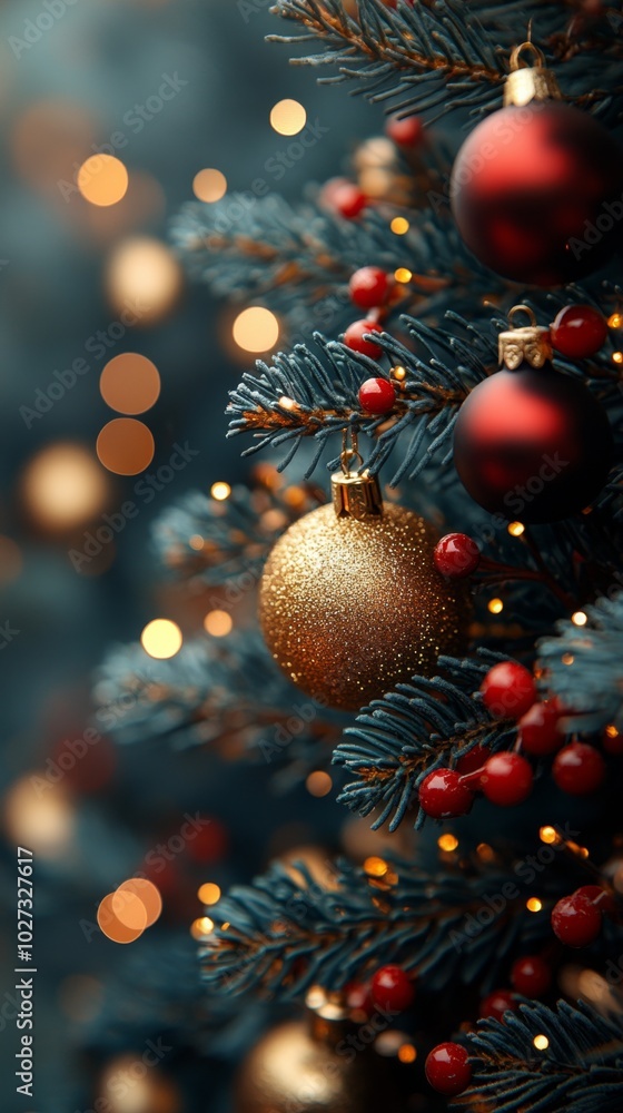 Christmas tree with red and golden baubles and lights bokeh background. Space for text. Copy space. Greeting card. Christmas tree with red and golden baubles and lights bokeh background. Space for text. Copy space. Greeting card.