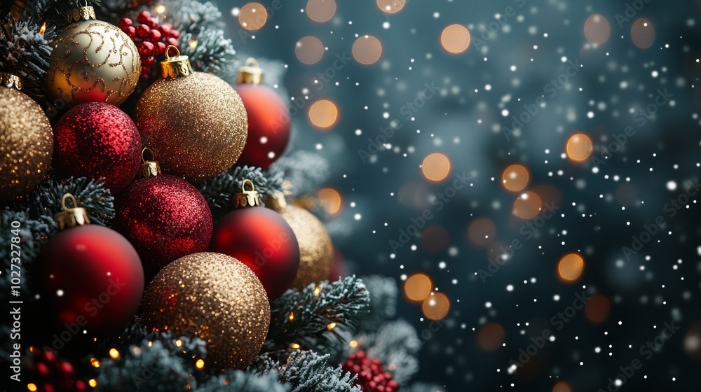 Christmas tree with red and golden baubles and lights bokeh background. Space for text. Copy space. Greeting card. Christmas tree with red and golden baubles and lights bokeh background. Space for text. Copy space. Greeting card.