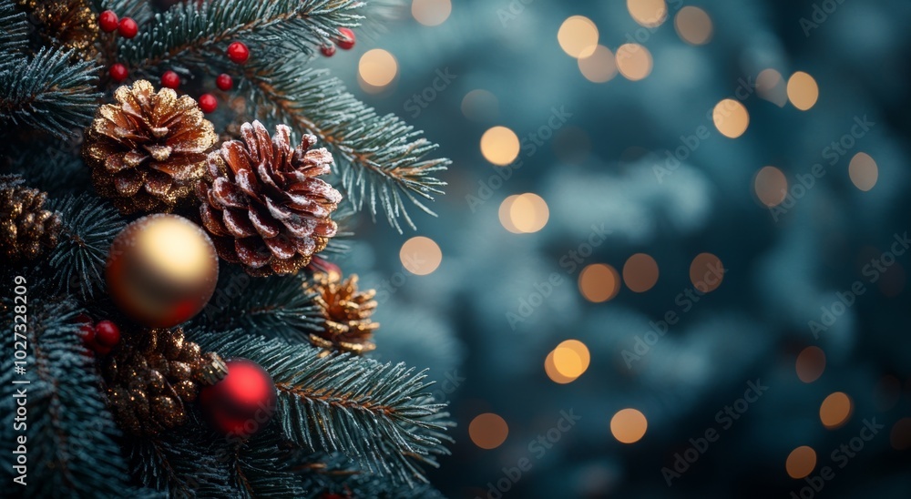 Christmas tree with red and golden baubles and lights bokeh background. Space for text. Copy space. Greeting card. Christmas tree with red and golden baubles and lights bokeh background. Space for text. Copy space. Greeting card.