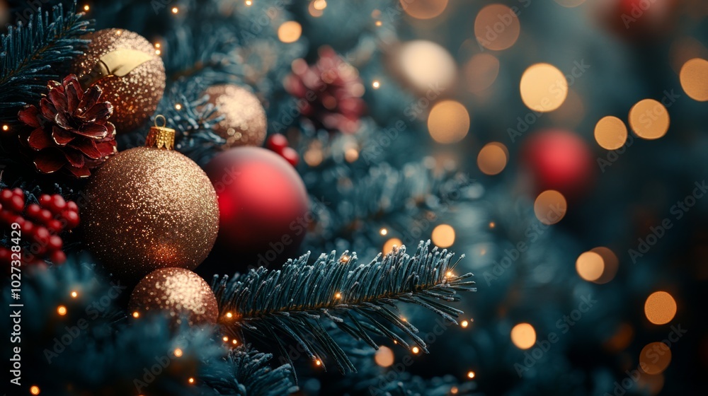 Christmas tree with red and golden baubles and lights bokeh background. Space for text. Copy space. Greeting card. Christmas tree with red and golden baubles and lights bokeh background. Space for text. Copy space. Greeting card.